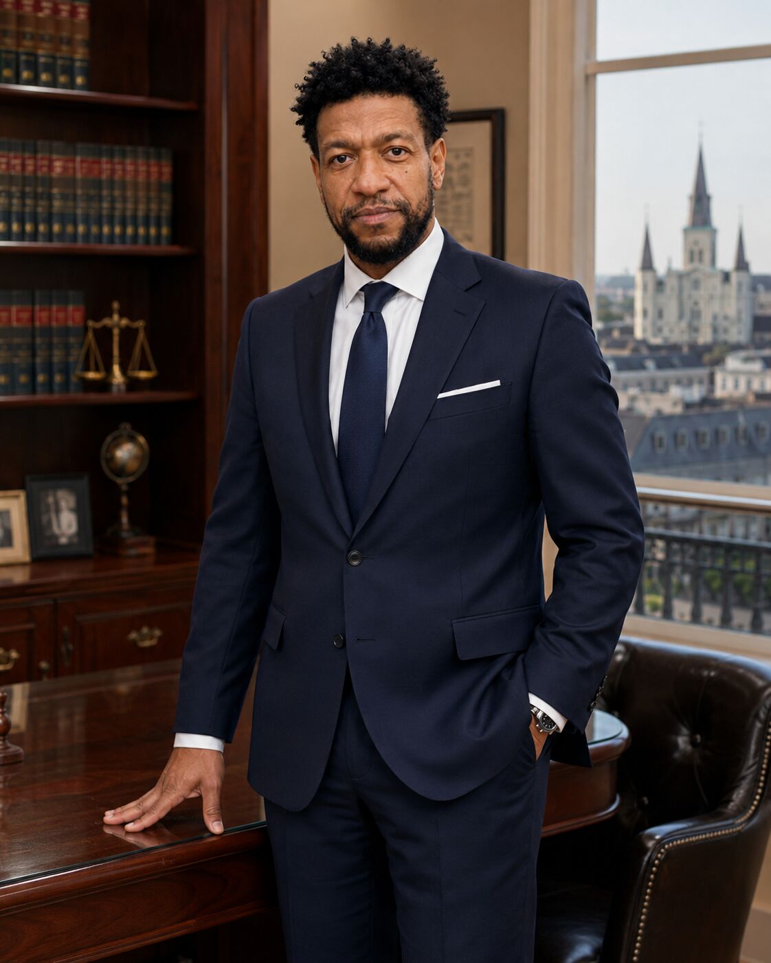 Jerome Matthews in a law library with St. Louis Cathedral visible through the window
